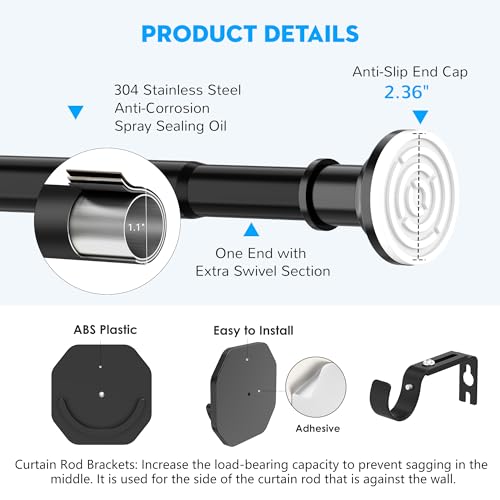 Outdoor Tension Rods Patio Long Shower Curtain Rod No Drilling 30-100 Inch | Long Tension Curtain Rod,Heavy Duty,1.1 Inch Thick Diameter,Spring Adjustable,No Rust,Bathroom,Windows,Black - color: Black, size: 30-100 inches