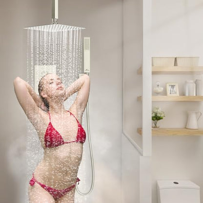 SunCleanse Rainfall Shower Faucet Set with High Pressure in Brushed Nickel | Ceiling mounted shower combo set featuring a 10" rainfall shower head, handheld spray, and rough-in shower valve. - color: Brushed Nickel, style: 10-ceiling