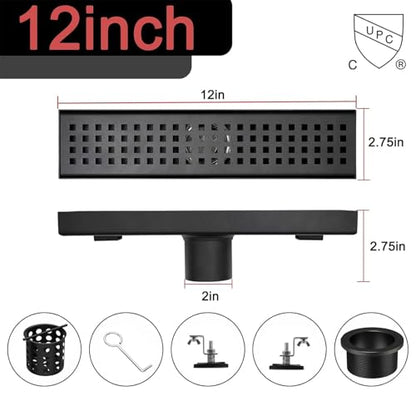 12 Inch Linear Shower Drain with Accessories, Rectangular Floor Drain 304 Stainless Steel Quadrato Pattern Removable Cover Matte Black - size: 12 Inch