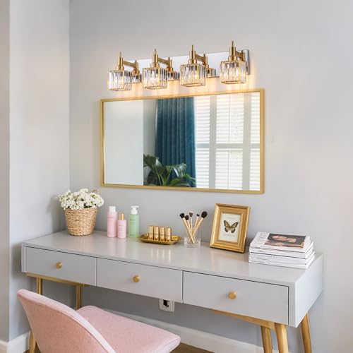 Crystal Bathroom Light Gold Chrome 4-Light Modern Bathroom Vanity Fixtures Over Mirror Square Crystal Wall Sconce - color: Gold Chrome-Square Shade, size: 4-Light