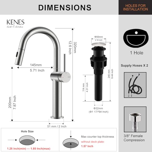 Pull Down Bathroom Faucet 1 Handle, Brushed Nickel Vessel Sink Faucet | Vessel Bowl Faucet with Pop Up Drain & Supply Lines, Lead-Free cUPC & NSF Certified, 1 Hole Faucet for Vanity RV Restroom - color: Brushed Nickel, size: Tall