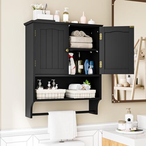 Black Bathroom Cabinet with Towel Rack, Bathroom Wall Cabinet with 2 Doors and Adjustable Shelf, Medicine Cabinet Wall Mount, Over The Toilet Storage - color: Black Bathroom Cabinet With Towel Rack