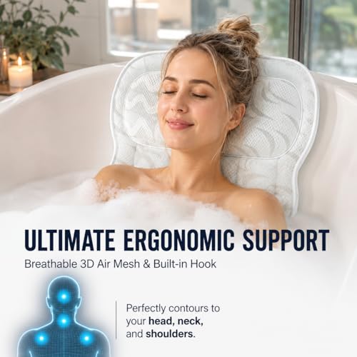 Wavy 4D Air Mesh Bath Pillow for Tub Neck and Back Support | Includes 6 anti-slip suction cups and a built-in hook for quick drying. Excellent ergonomic spa accessories gift for adults.