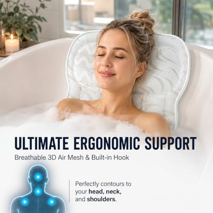 Wavy 4D Air Mesh Bath Pillow for Tub Neck and Back Support | Includes 6 anti-slip suction cups and a built-in hook for quick drying. Excellent ergonomic spa accessories gift for adults.