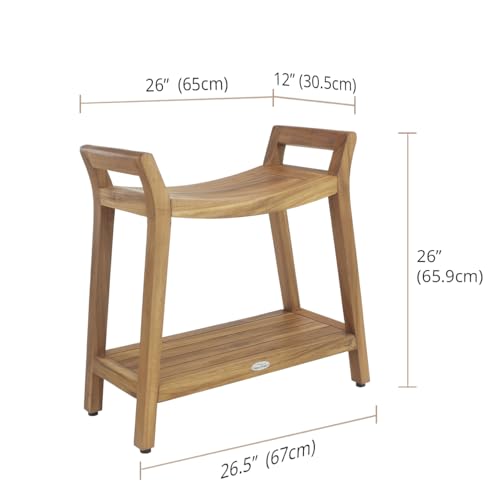 Patented Asia Ascend Teak Shower Bench with Elevated Height and Shelf | Durable, Water-Resistant Teak, Shower Chair & Shaving Foot Rest, Indoor/Outdoor Use
