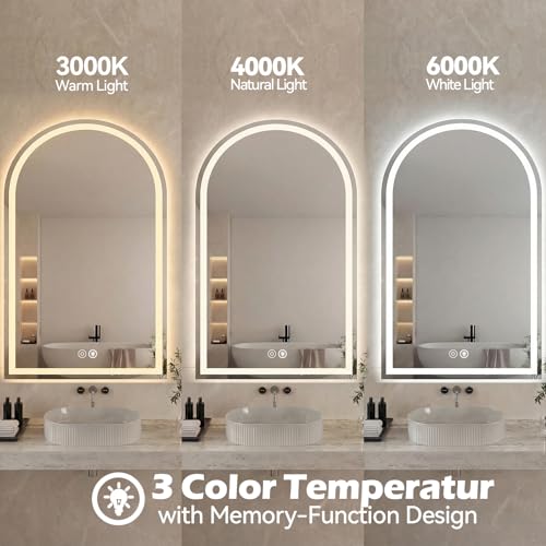 Sweetcrispy Arched LED Bathroom Mirror with Lights, Vanity Mirror, 28"x36" | Anti-Fog, Dimmable, 3-Color Light, Backlit, Memory Function, Tempered Glass