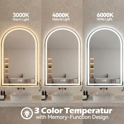 Sweetcrispy Arched LED Bathroom Mirror with Lights, Vanity Mirror, 28"x36" | Anti-Fog, Dimmable, 3-Color Light, Backlit, Memory Function, Tempered Glass