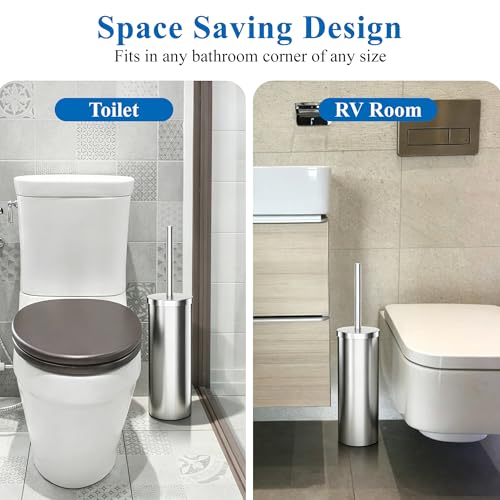 Heavy Duty Stainless Steel Toilet Brush Set with Holder(2 Brush Heads) – Rustproof Toilet Bowl Brush, Compact Cylinder Base, Extra Long Handle for Deep Cleaning, Silver - color: Silver