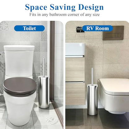Heavy Duty Stainless Steel Toilet Brush Set with Holder(2 Brush Heads) – Rustproof Toilet Bowl Brush, Compact Cylinder Base, Extra Long Handle for Deep Cleaning, Silver - color: Silver