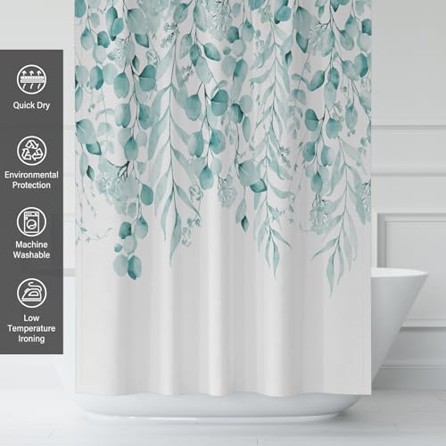 KAIRA Teal Eucalyptus Shower Curtain, Watercolor Plant Leaves with Natural Bathroom Shower Curtain,72" W x 72" L, Waterproof and Durable Polyester Fabric, Easy to Clean,Includes 12 Hooks - color: Teal