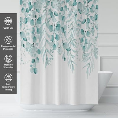 KAIRA Teal Eucalyptus Shower Curtain, Watercolor Plant Leaves with Natural Bathroom Shower Curtain,72" W x 72" L, Waterproof and Durable Polyester Fabric, Easy to Clean,Includes 12 Hooks - color: Teal