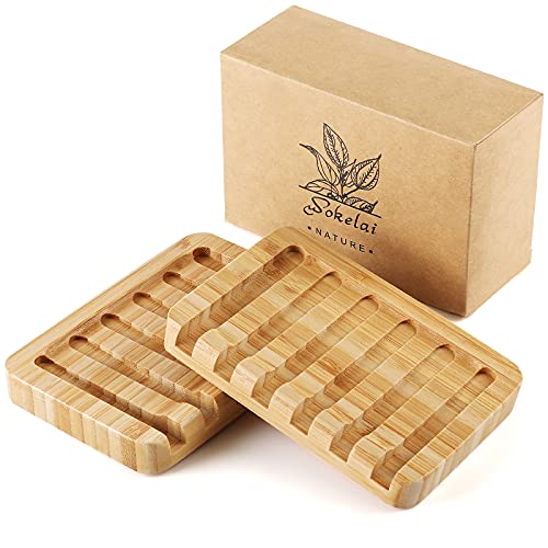 Shampoo Bar Holder Bamboo Soap Dish for Shower Wood Soap Dishes Wooden Soap Saver Tray Stand Self Draining Travel Soap Container Case for Bathroom Kitchen Bath Tub Razor Sponges, Waterfall Drain 2 PCS - color: Beige ( 2 Pack )