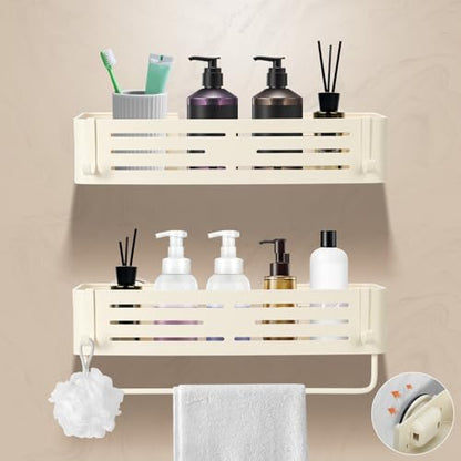 Lekesky Suction Cup Shower Caddy, No Drill Shower Shelves with a Towel Bar, Aluminum Rust Proof Bathroom Shower Organizer with 12 Hooks（2-Pack, Cream） - color: Cream1
