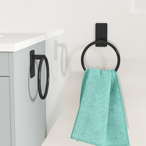STWWO Hand Towel Holder for Bathroom, Adhesive Round Towel Ring, Black | for Bath RV Kitchen, Self Adhesive No Drill Hole, Easy to Install - color: Black