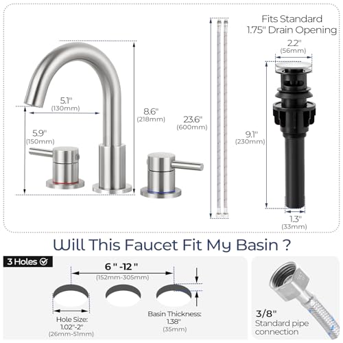 Bathroom Faucet 3 Hole Brushed Nickel, 2-Handle Widespread Faucet | Lead-free stainless steel, pop-up drain, Detachable faucet aerator, 360°swivel, for RV & vanity sink 3-hole mount - color: 1-Brushed Nickel, style: 8 Inch Widespread