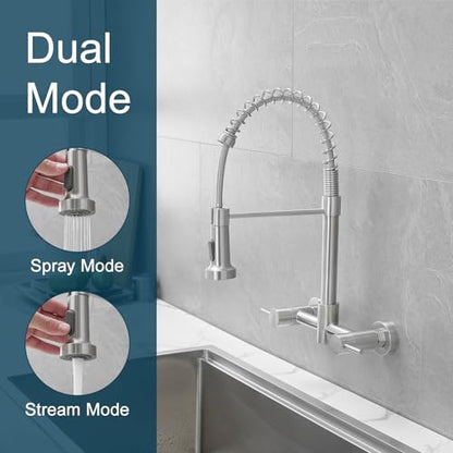 AIMADI Wall Mount Kitchen Faucets, 8-Inch Center | Wall Mount Kitchen Sink Faucet with Pull-Down Sprayer,Modern Stainless Steel Design Double Lever Control - color: Brushed Nickel