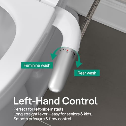 hansrapo Left-Hand Bidet Attachment – Left Side Control for Tight Bathroom Spaces, Non-Electric, Dual Nozzle, Adjustable Water Pressure, Self-Cleaning,Ultra-slim Left Handed Bidet.