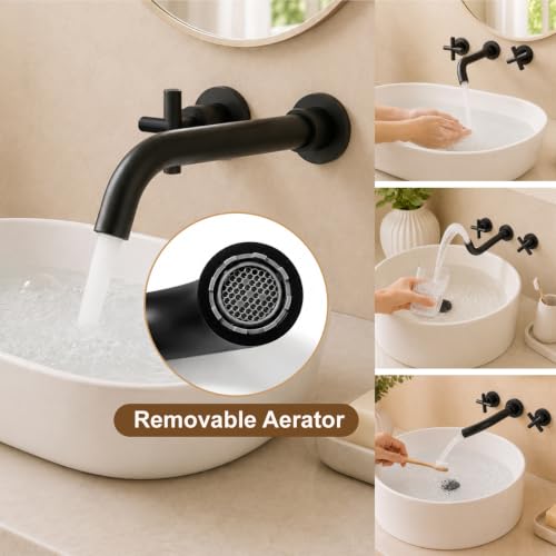 Midanya Wall Mount Bathroom Faucet 3 Hole 2 Cross Handle,Matte Black | SUS304 Stainless Steel,Rough-in Valve Included,360° Swivel Spout,for Bathroom Sink,Vanity - color: Matte Black