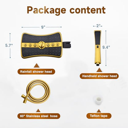 BRIGHT SHOWERS Dual Shower Head with Handheld, High Pressure Rainfall Shower Head Combo, 60-Inch Stainless Steel Hose, Brushed Gold - color: Brushed Gold, size: 1.8 Gallon Per Minute