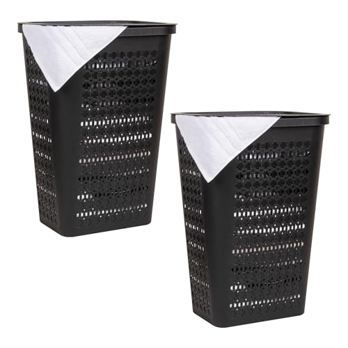 Mind Reader Slim Tapered Laundry Hampers with Lid, Clothes Basket with Swiss Cross Cut-Outs, Lightweight & Ventilated, Plastic, Set of 2, Black - color: Black