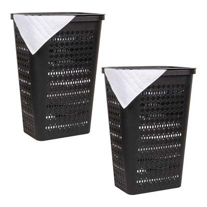 Mind Reader Slim Tapered Laundry Hampers with Lid, Clothes Basket with Swiss Cross Cut-Outs, Lightweight & Ventilated, Plastic, Set of 2, Black - color: Black