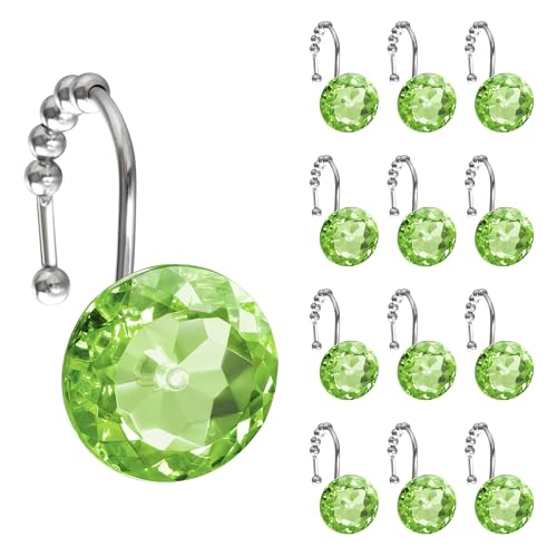 Sunlit Luxury Design Round Sage Green Diamond Crystal Gem Bling with Glide Balls Shower Curtain Hooks, Rust Proof Metal Rhinestones Glam Shower Curtain Rings-12 Pack - color: Sage Green