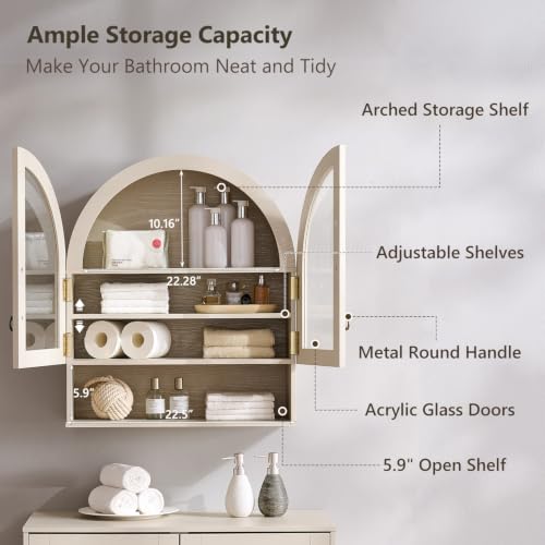 IFGET Bathroom Arched Wall Cabinet, 23.6'' Wide Medicine Cabinet with Adjustable Shelves & Acrylic Glass Doors, Over The Toilet Storage Wall Mount Cabinet for Laundry Room,Kitchen & Living Room, Cream - color: Cream