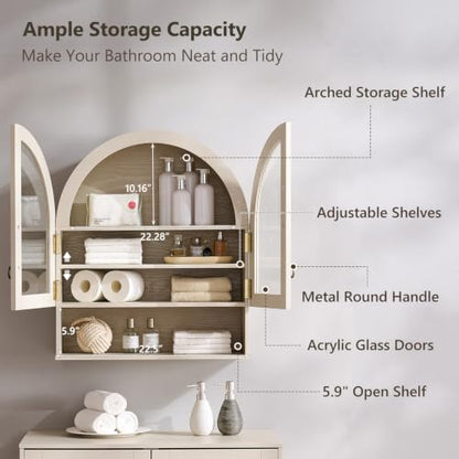 IFGET Bathroom Arched Wall Cabinet, 23.6'' Wide Medicine Cabinet with Adjustable Shelves & Acrylic Glass Doors, Over The Toilet Storage Wall Mount Cabinet for Laundry Room,Kitchen & Living Room, Cream - color: Cream
