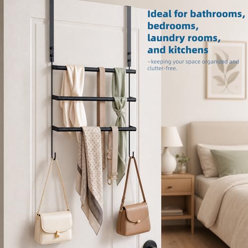 Over the Door Towel Rack for Bathroom Bedroom, 3-Tier Matte Black Towel Bars with Bottom Hooks, Heavy Duty Rustproof No-Drill Towel Holder for Bathroom Door Back, Space Saving Drying Rack Organizers
