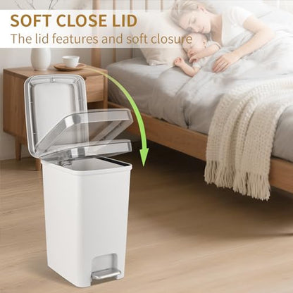 Small Bathroom Trash Can with Lid and 3 Rolls Trash Bags, Step Pedal Wastebasket Plastic Garbage Can with Pop-Up Lid 2.6 Gallon Bin for Kitchen, Bedroom, Office, Dorm, Laundry, Toilet, Rv, White - color: White
