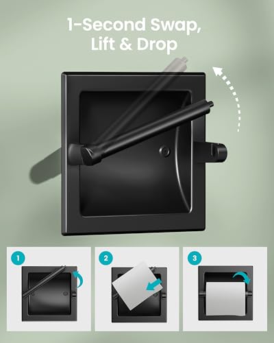 Recessed Toilet Paper Holder Matte Black, in-Wall, 304 Stainless Steel | Inset Toilet Paper Holder, Spring-Free Pivoting Arm, Space-Saving Flush Mount, Fits Rolls up to 6 in - color: Matte Black