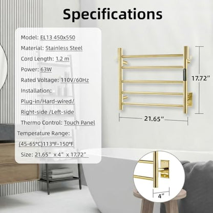 P&Dlusir EL13 Heated Towel Rack, Polished Gold, 5 Bar | Fast Heat in 2 Min, Smart Timer, Thermo Control, Memory Functoion, Stainless Steel, Hard-Wired/Plug-in - color: Polished Gold, size: 21.65"W x 17.72"H