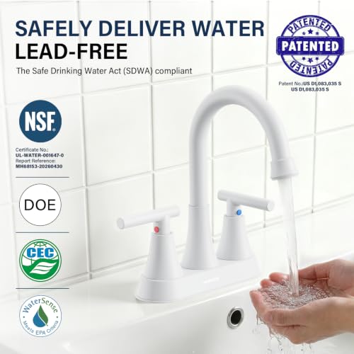 Bathroom Faucet, Hurran 4 inch Centerset 2-Handle Lead-Free, White | Bathroom Sink Faucet with Pop-up Drain and Supply Lines, Stainless Steel Faucet for Vanity RV Restroom Laundry Outdoor Sink - color: White