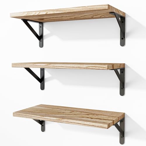 Fixwal Wall Floating Shelves for Decor (Light Brown, Set of 3, 16.5 Inch) | Wood Shelves, Natural Grain, 40Lb Capacity, Sturdy Triangle Brackets, Versatile for Any Room - color: Rustic Brown