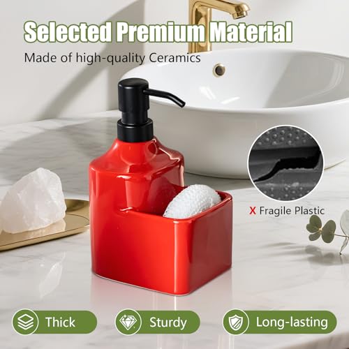 Gets Soap Dispenser Red Ceramic Pump Bottle with Storage Holder | Countertop Liquid Hand Wash Bottle with Organizer Tray for Bathroom, Kitchen, Refillable Modern Dispenser for Vanity Sink - size: Red With Sponge Holder