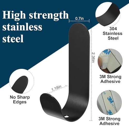 ATDOALL Adhesive Towel Hooks, 20 PCS Stainless Steel Self Adhesive Wall Hooks, Black Heavy Duty Shower Hook, Waterproof Oilproof Rustproof for Bathroom, Kitchen, Living Room - color: Black