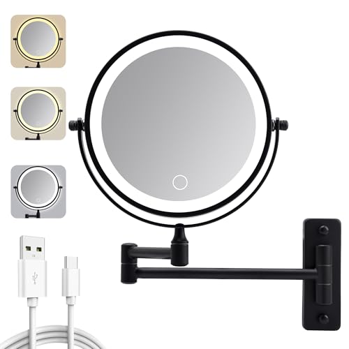 Wall Mounted Makeup Mirror with Light, 8" Double Sided 1X/10X Magnifying Mirror, Rechargeable, 3 Color Lights, Touch Dimmable, 360° Rotation & Extendable Arm