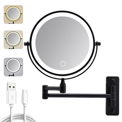 Wall Mounted Makeup Mirror with Light, 8" Double Sided 1X/10X Magnifying Mirror, Rechargeable, 3 Color Lights, Touch Dimmable, 360° Rotation & Extendable Arm