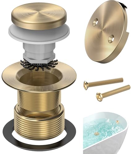 Tip-Toe Bathtub Drain Kit with Hair Catcher, Brushed Gold | 2-Hole Overflow Faceplate, Solid Brass, 5-Layer Plated, Fits 1.5"/1.75" Drains, For Bathroom Remodel, Matches Fixtures - color: Brushed Gold