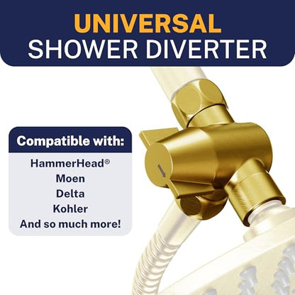 HammerHead Showers® Solid Metal 3 Way Shower Diverter Valve - Shower Arm Diverter Connects Fixed and Hand Held to Shower Arm - Shower Diverter for Dual Shower Head - Shower Splitter - Brushed Gold - color: Brushed Gold