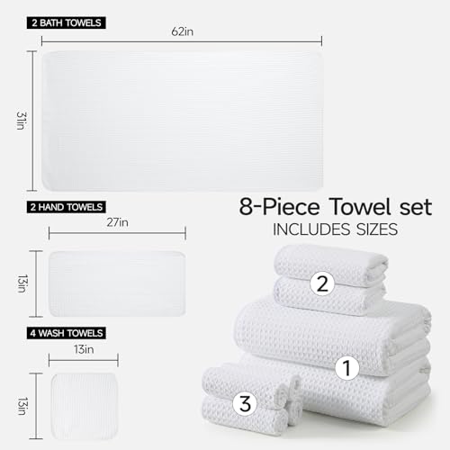 REDKISS Soft 8 Piece Waffle Towel Set, Microfiber, Lighter Weight, Absorbent, Quick Dry, Lint Free Bath Towels for Bathroom, Spa & Hotel – 2 Bath, 2 Hand, 4 Washcloths, White - color: White