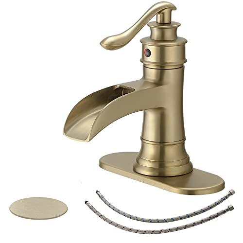 BWE Brass Gold Waterfall Sink Faucet for Modern & Traditional Bathroom | Wide Waterfall Spout, Ceramic Cartridge, Fits 1 or 3-Hole Sink, Single Handle, Hardware Kit Included, Not for Vessel Sink - color: Gold