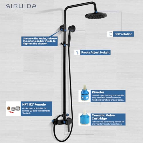 Airuida Matte Black Exposed Shower System with Handheld Spray | Single Handle,Wall Mount,8 Inch Rainfall Shower Head,Dual Function,Exposed Pipe Fixture for Bathroom - color: Matte Black