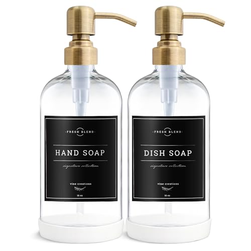 Vine Creations Clear Glass Soap Dispenser, 2 Pack Kitchen Soap Dispenser Set with Stainless Steel Pump, 16 oz Dish Soap and Hand Soap Dispensers for Bathroom with Waterproof Labels - color: Clear Bottle / Brushed Brass Pump