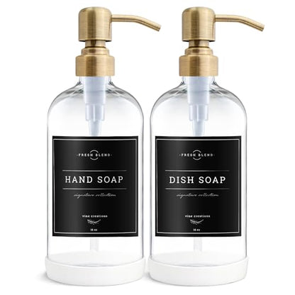 Vine Creations Clear Glass Soap Dispenser, 2 Pack Kitchen Soap Dispenser Set with Stainless Steel Pump, 16 oz Dish Soap and Hand Soap Dispensers for Bathroom with Waterproof Labels - color: Clear Bottle / Brushed Brass Pump
