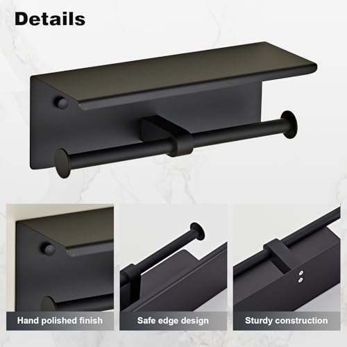 Black Double Paper Holder with Shelf, Toilet Roll Holder for Bathroom | Wall Mounted SUS 304 Stainless Steel Toilet Tissue Holder YIGUANXIN - color: Black