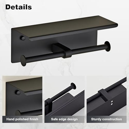Black Double Paper Holder with Shelf, Toilet Roll Holder for Bathroom | Wall Mounted SUS 304 Stainless Steel Toilet Tissue Holder YIGUANXIN - color: Black