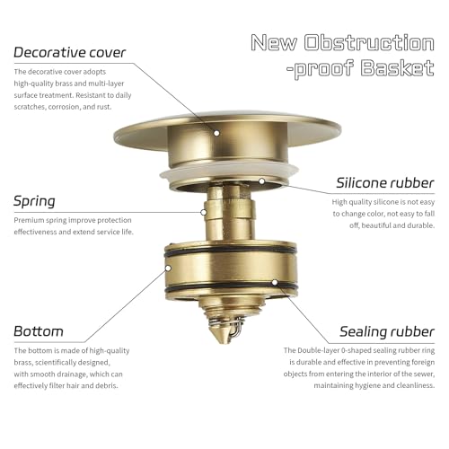 BWE Brushed Gold Bathroom Vessel Sink Drain Stopper with Overflow One Piece Pop Up Drain Assembly with Strainer for Bathroom Faucet Sink - color: Brushed Gold, size: With Overflow