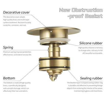 BWE Brushed Gold Bathroom Vessel Sink Drain Stopper with Overflow One Piece Pop Up Drain Assembly with Strainer for Bathroom Faucet Sink - color: Brushed Gold, size: With Overflow