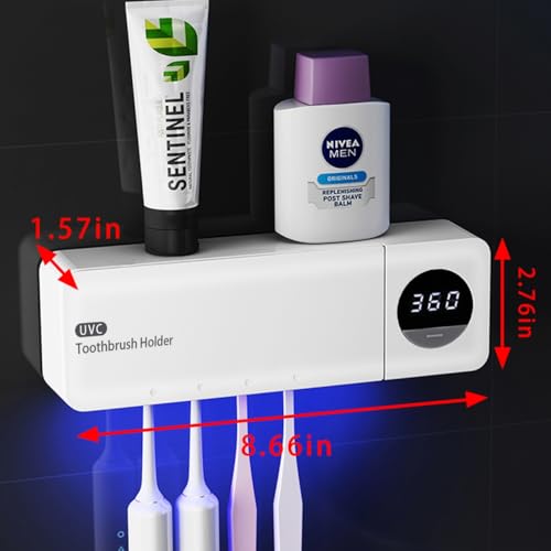 Cordless Toothbrush Holder, Toothbrush Cleaner with 4 Slots & 360s Timer Function, No-Drill Rechargeable Wall-Mounted Toothbrush Holders for Bathroom Family, White